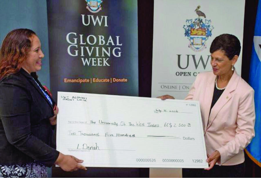 On July 8, 2016 at the St. Lucia launch of Giving Week, The UWI Alumni Association – St. Lucia Chapter makes a donation of EC$2,500 to the cause to Dr Luz Longsworth, Pro Vice-Chancellor and Principal, The UWI Open Campus.