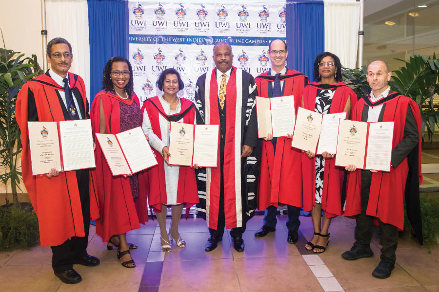 Vice-Chancellor, Professor Sir Hilary Beckles (centre) with the Vice-Chancellor's Awards for Excellence 2016/2017 awardees.
Left to right are: Professor John Agard; Professor T. Alafia Samuels; Dr. Indra Haraksingh; Professor Chris Oura; Dr. Jacqueline Bridge and Professor Ian R. Hambleton.