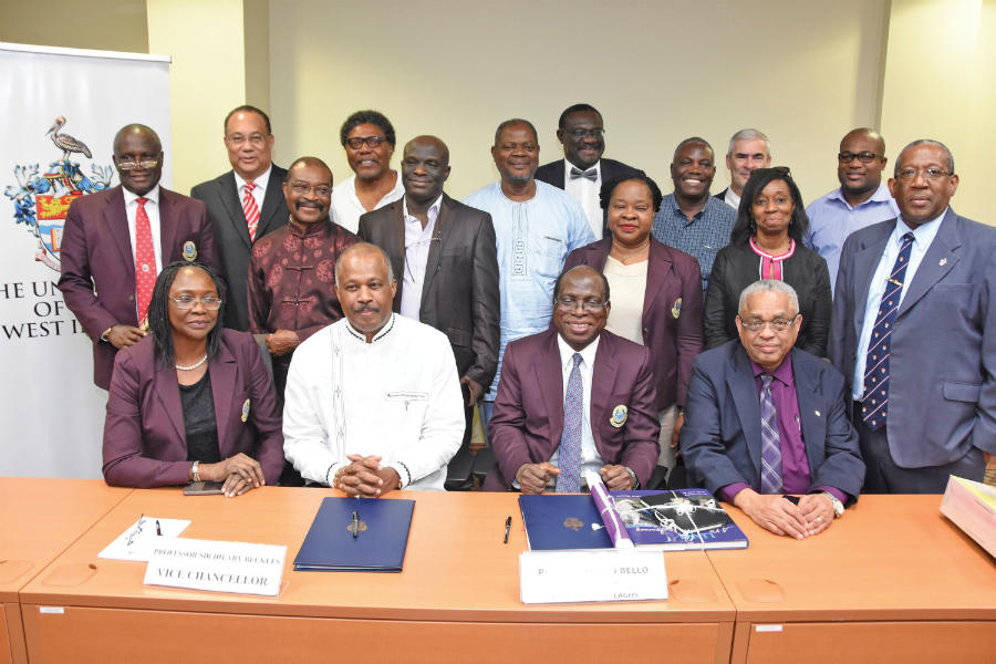 Vice-Chancellor, Professor Sir Hilary Beckles, and Vice-Chancellor of the University of Lagos (UNILAG), Professor Rahamon Bello (2nd right) with colleagues from both universities following
the signing of the Memorandum to establish the UNILAG-UWI Institute of African and Diaspora Studies.