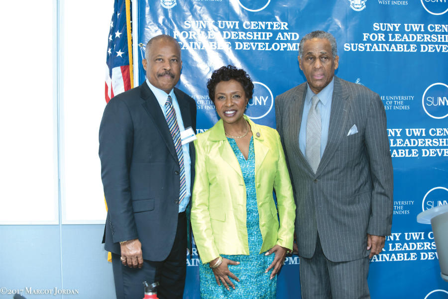 Vice-Chancellor, Professor Sir Hilary Beckles with Congresswoman Yvette D. Clarke, Ninth Congressional District of New York, and SUNY Chairman, H. Carl McCall.