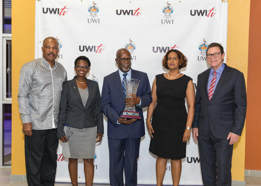 At the UWItv Anniversary & Awards Ceremony, (from left to right): Professor Sir Hilary Beckles, Vice-Chancellor of The UWI; Mrs. Patricia Atherley, special awardee;
Mr. Julian Rogers, recipient of the inaugural UWItv award; Ms. Janet Caroo, Managing Director, UWItv and Dr. William Warren Smith, President, Caribbean Development Bank.