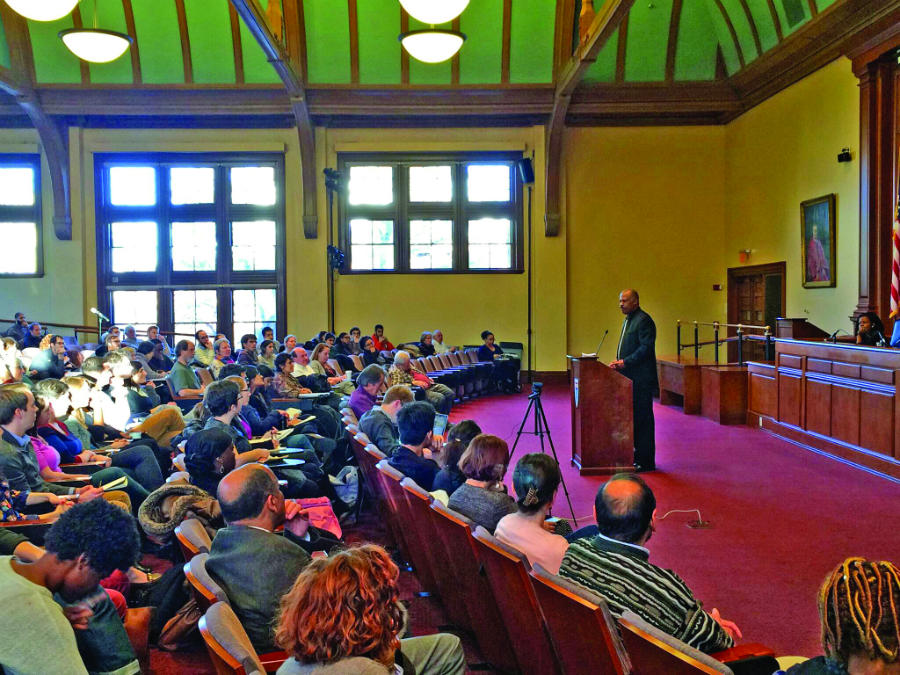 Professor Sir Hilary Beckles speaking on Reparatory Justice for Global Black Enslavement at a public lecture at Harvard University. PHOTO COURTESY: HARVARD UNIVERSITY.