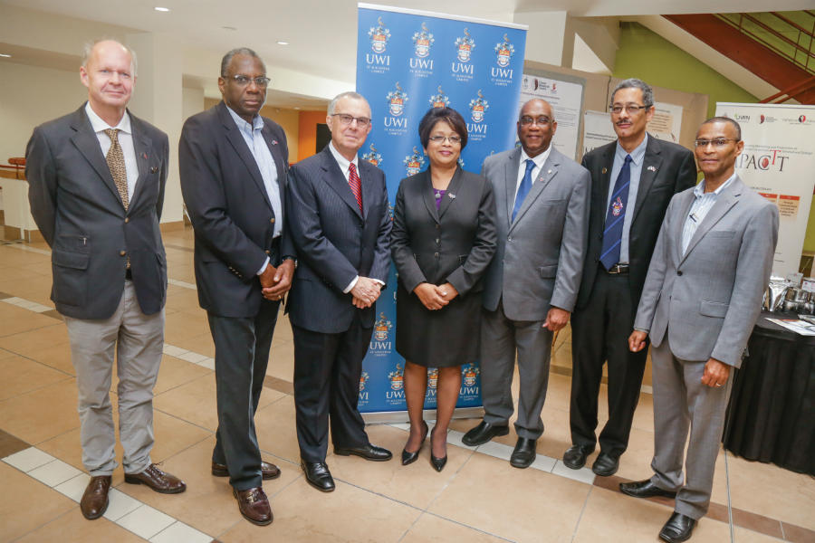 From left: Dr. Ulrich Thiessen, Programme Manager from the delegation of the European Union to Trinidad and Tobago; Dr. Terrence Farrell, Chair of the Economic Development Advisory Board which co-hosted the Conference; Mr. Robert Bermudez, then Chancellor Designate of The UWI; Ms. Beverly Khan, Deputy Permanent Secretary in the Ministry of Planning and Development (representing the Honourable Minister Camille Robinson-Regis); Professor Brian Copeland; Professor John Agard, Director of the Office of Research Development and Knowledge Transfer, The UWI St. Augustine; and Mr. Ronald Hinds, CEO of Teleios Systems Ltd and new head of the Chamber of Industry and Commerce.